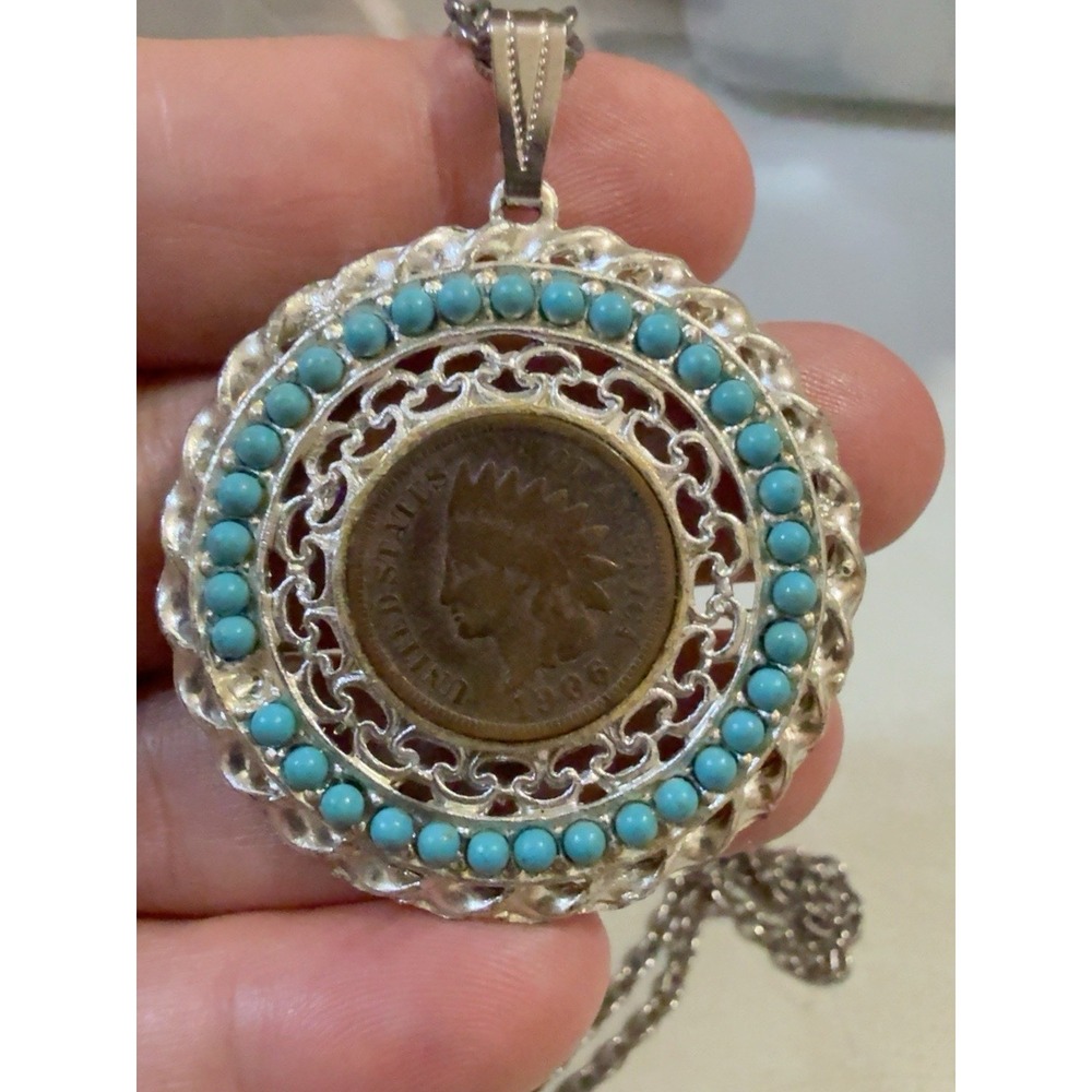 T20157-Vintage 1906 Indian Head Penny Coin Pendant Necklace Turquoise Beads 22" - Picture 3 of 9
